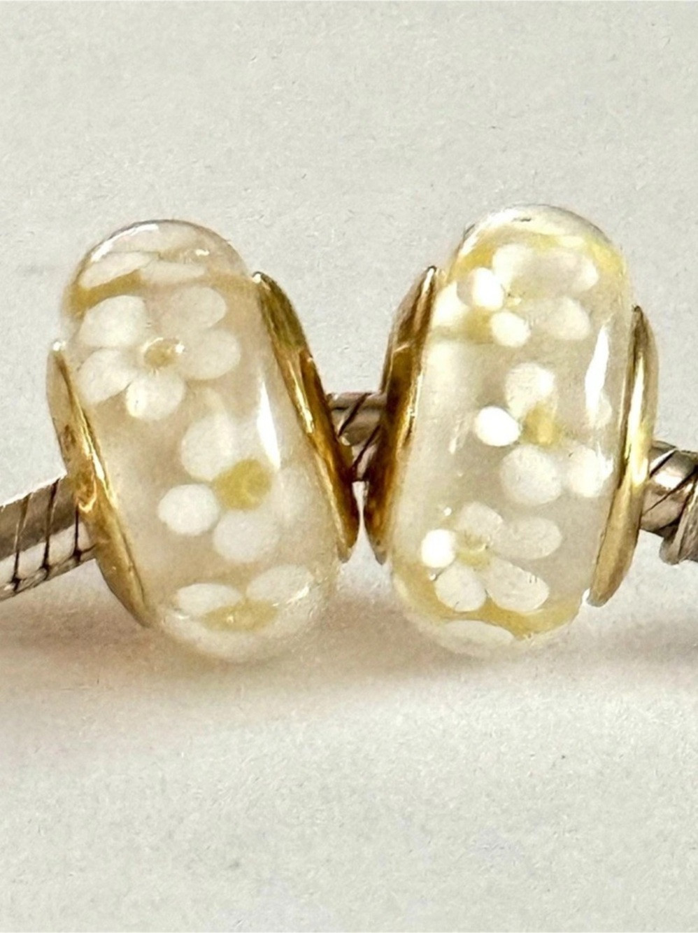 White flowers Murano Glass charms set with Gold Core fit Pandora bracelets